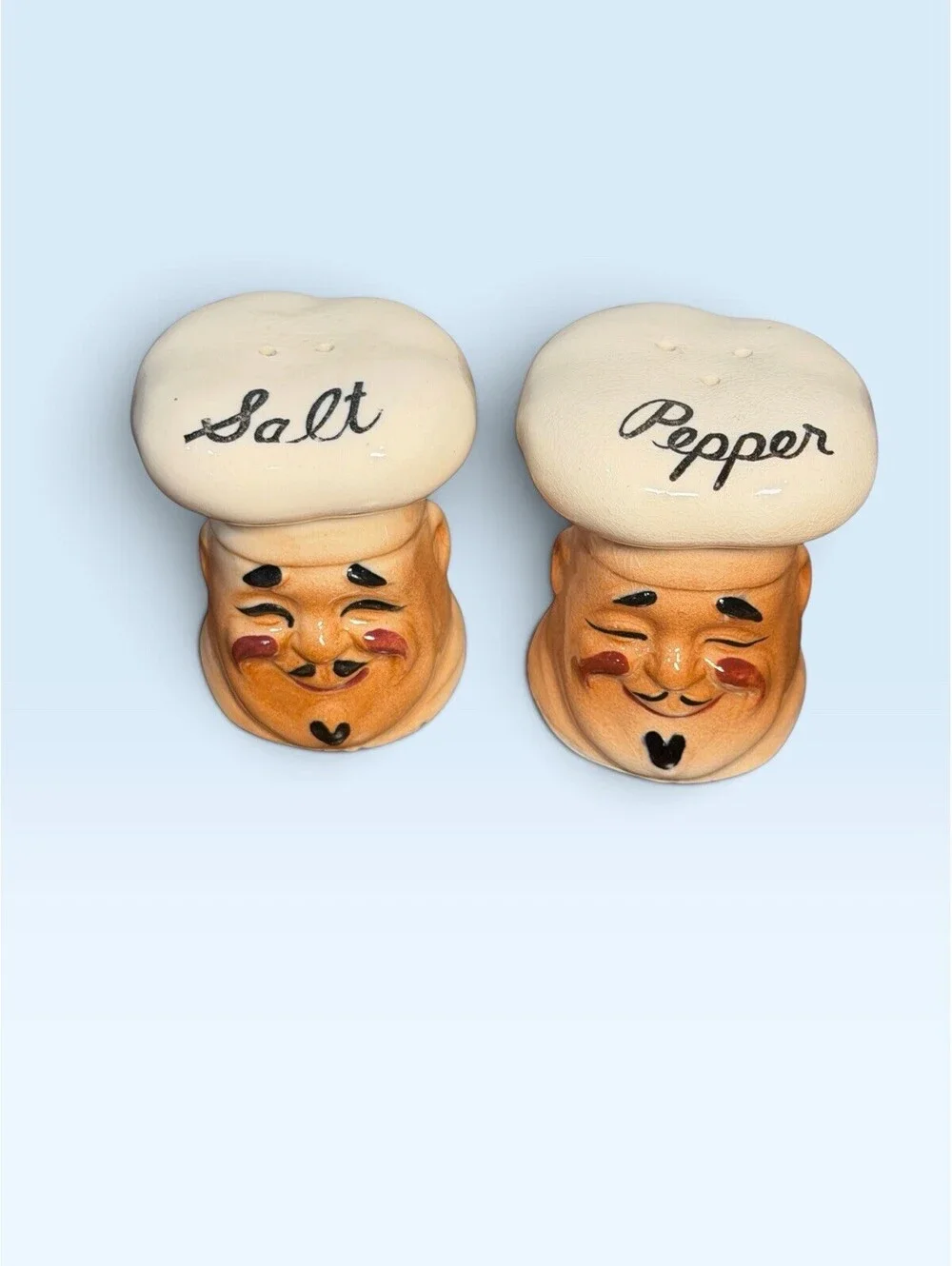 Vtg 50’s Chef Jolly Cook Salt & Pepper Shakers Range Set Toque Hat Japan Trinket